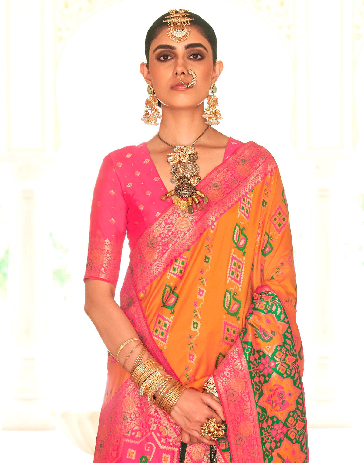 Mustard and Pink Banaras Woven Trendy Saree