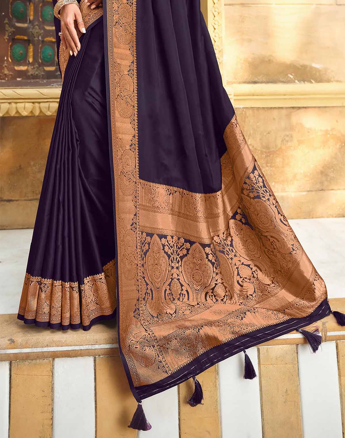 Dark Purple Satin  Party Wear Saree with Elegant Border