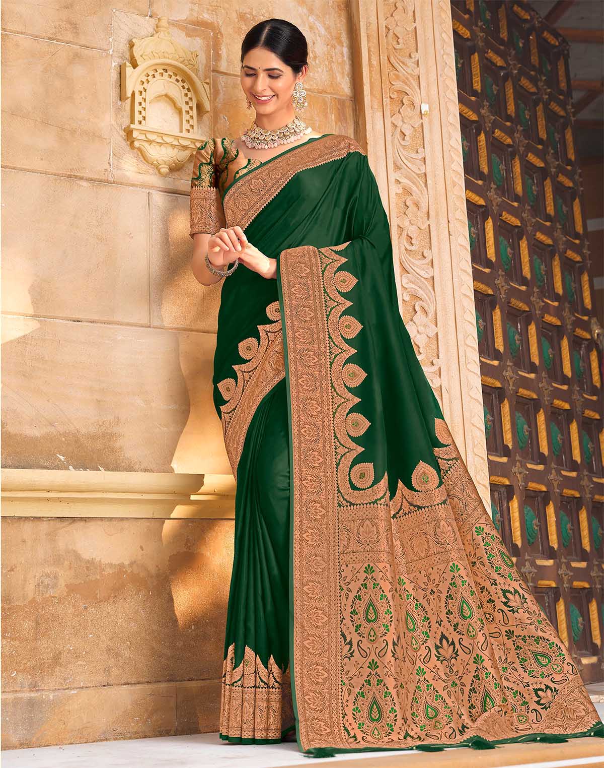 Bottle Green Plain Satin Saree with Golden Border