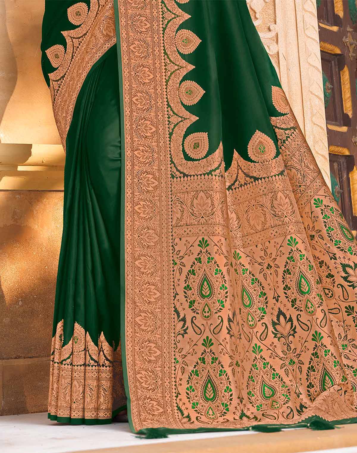 Bottle Green Plain Satin Saree with Golden Border