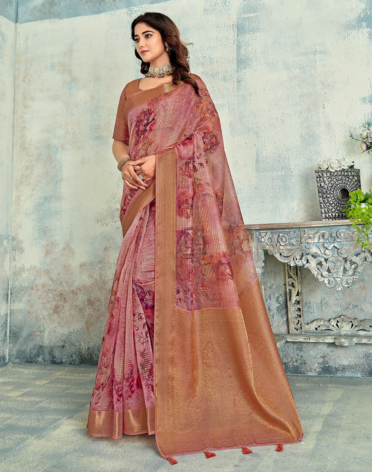 Pink Floral Digital Print Tissue Party Wear Saree