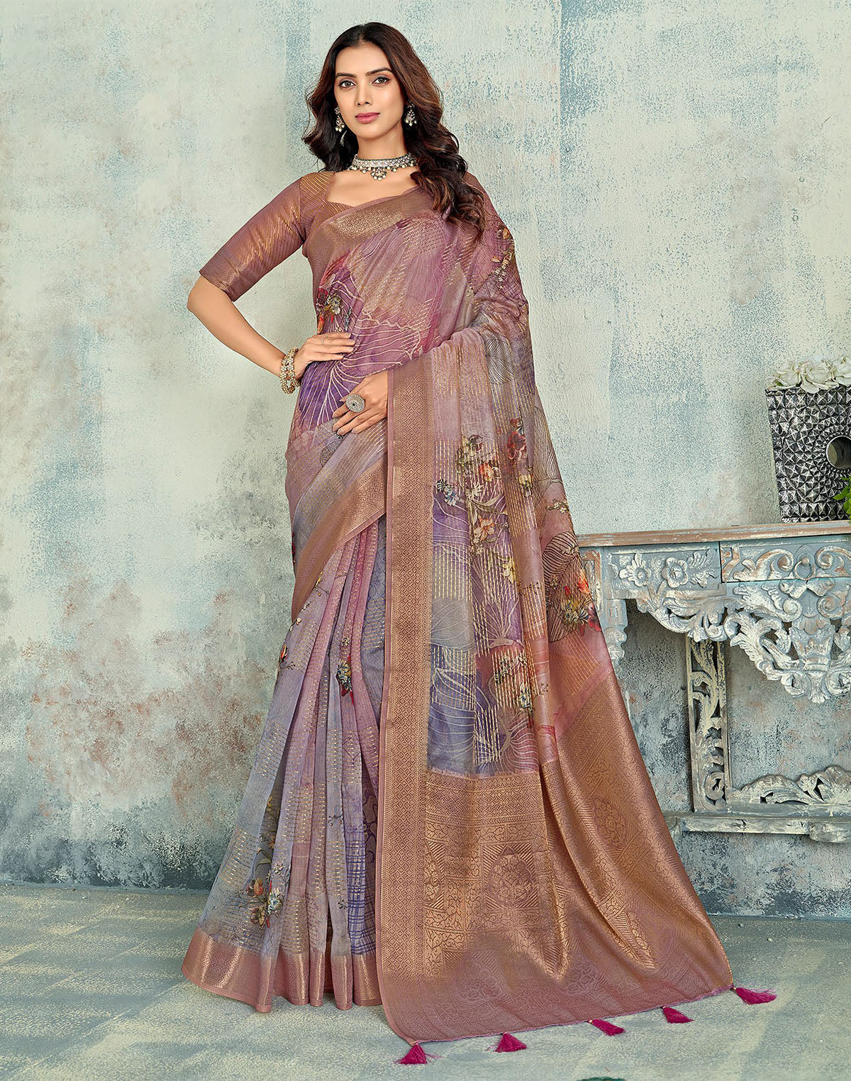 Traditional Light Pink Coloured Tissue Saree