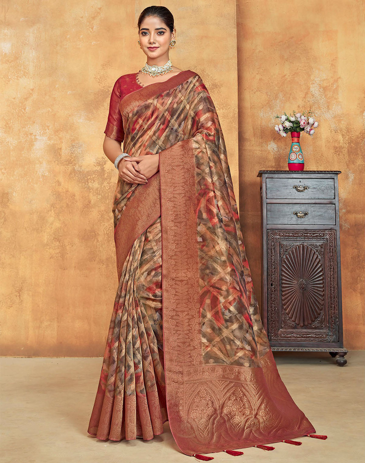 Brocade design Organza Red Saree