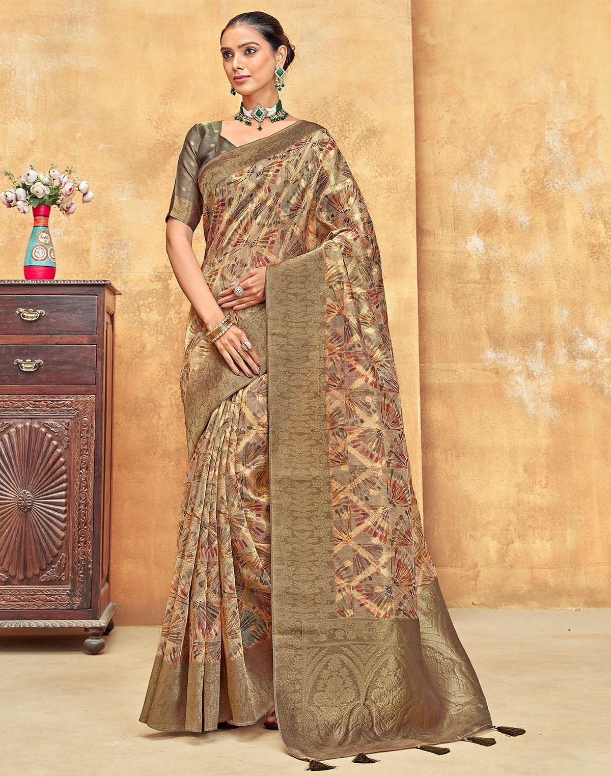 Beige Graphic design Organza Saree with Tussels