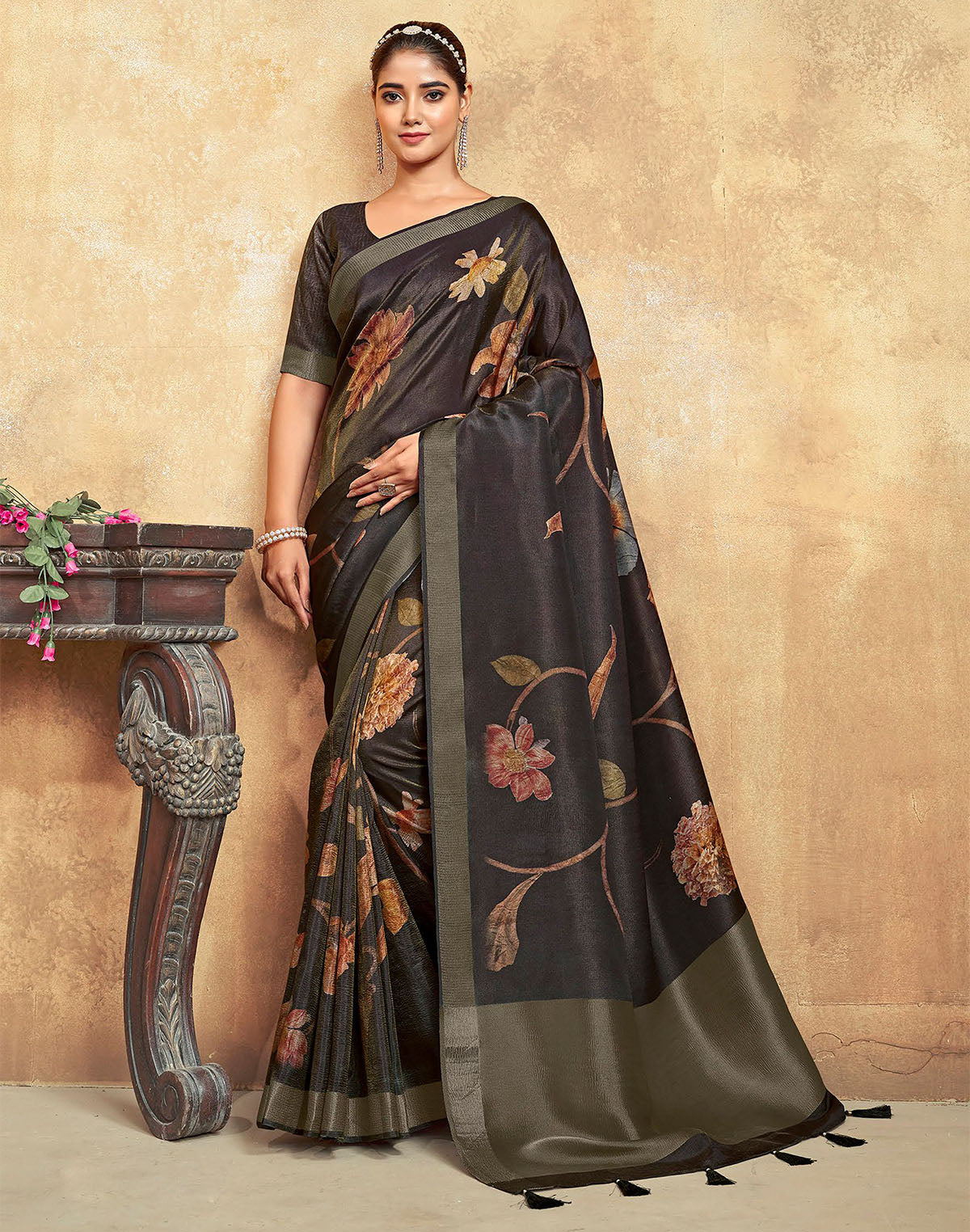 Black Floral Print Dola Silk Saree with Tussels