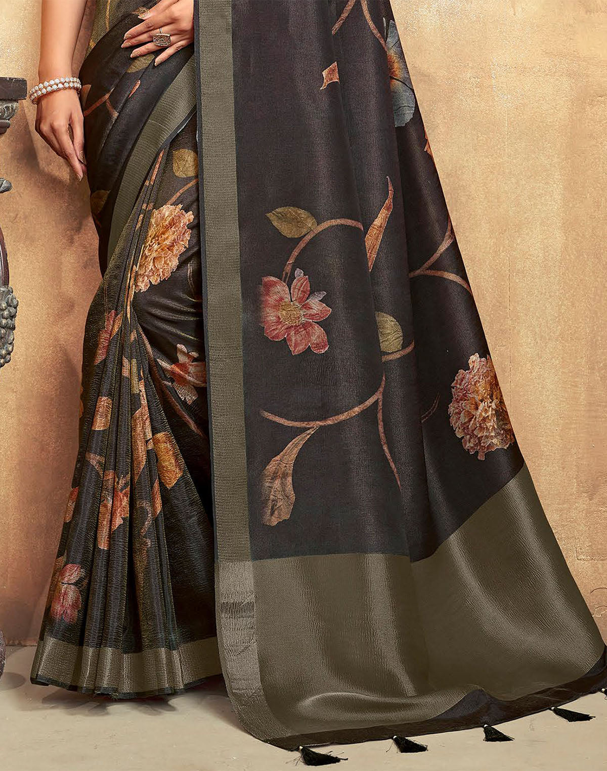 Black Floral Print Dola Silk Saree with Tussels