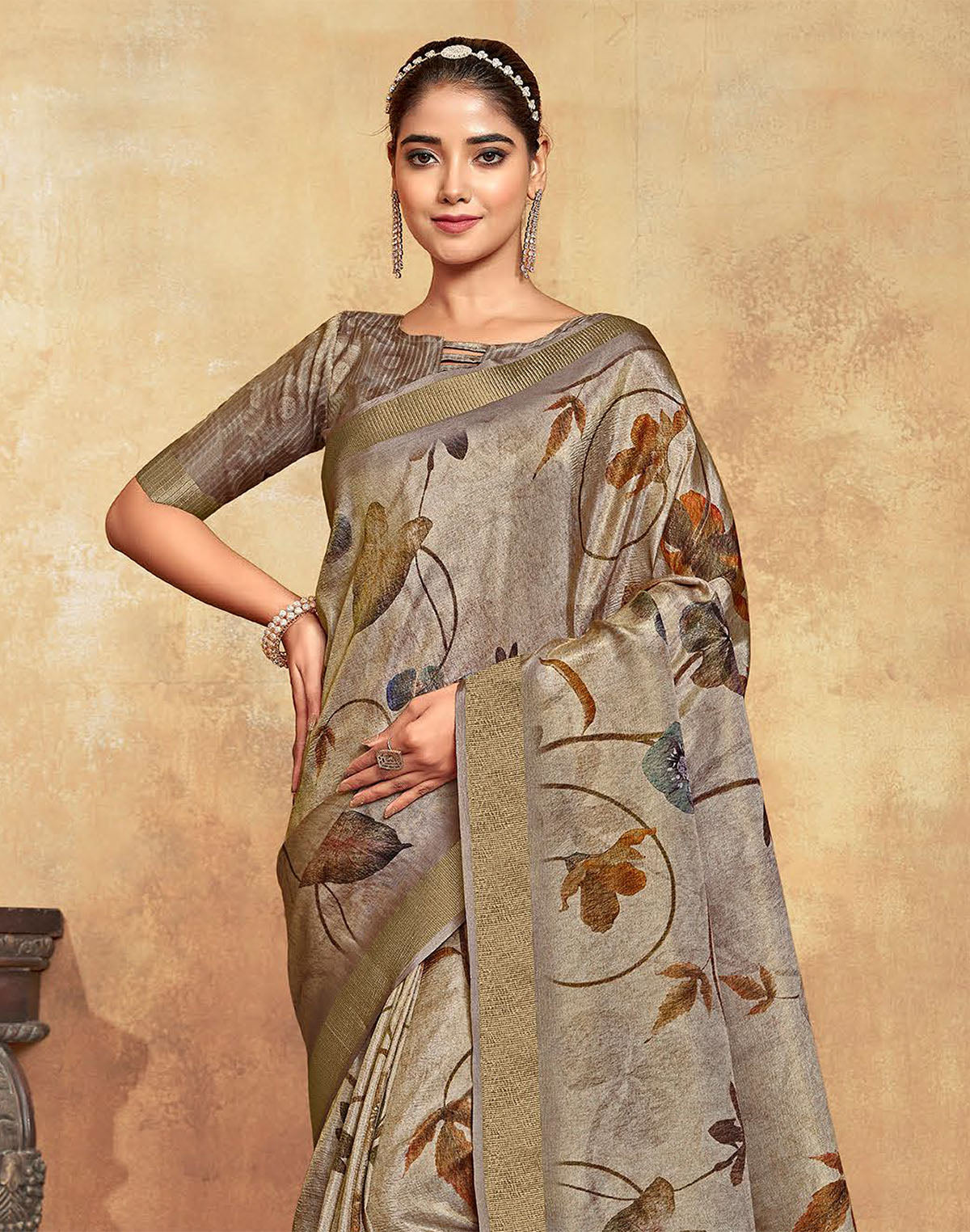 Ash Coloured Dola Silk Saree with Short Pallu