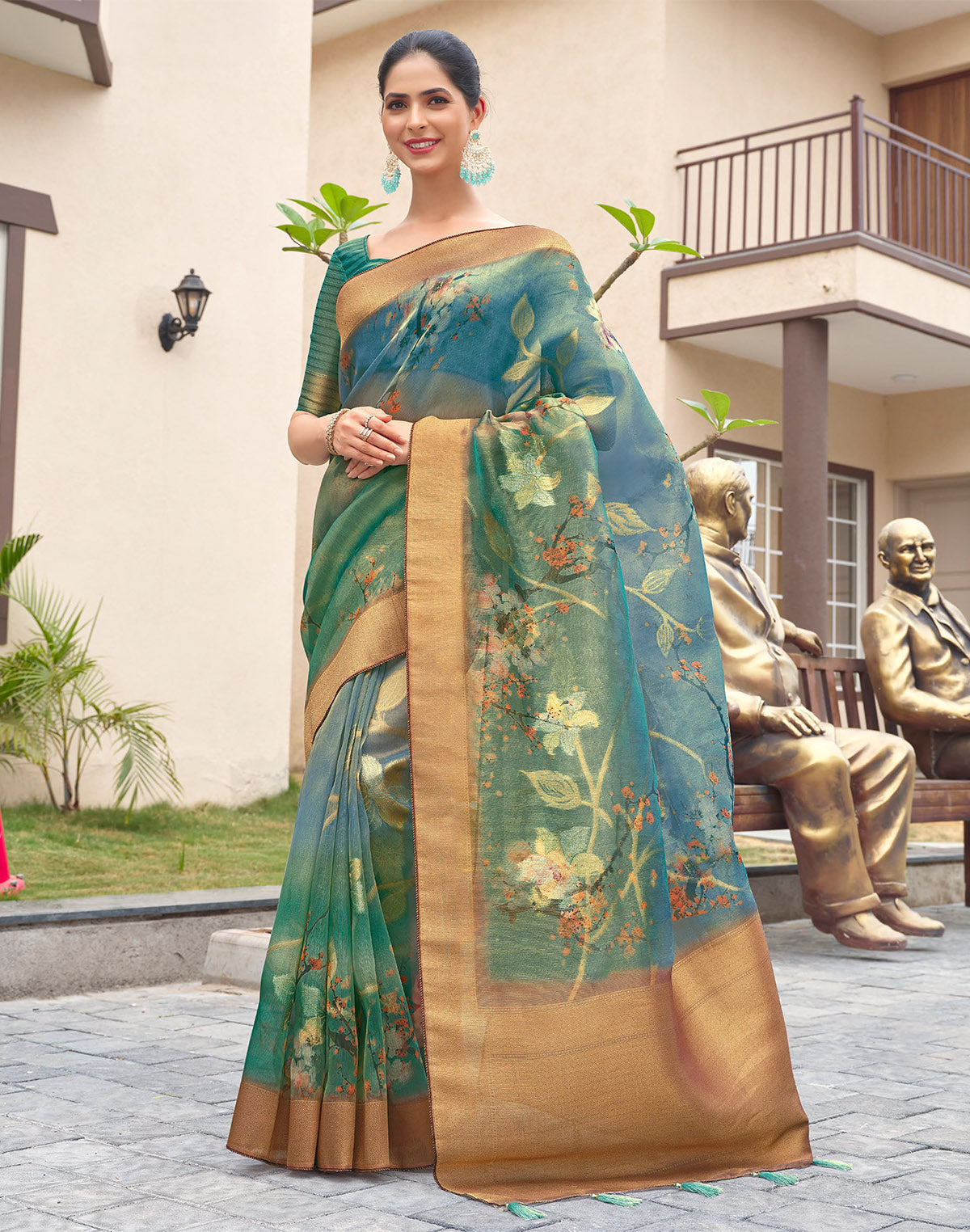 Blue Floral Digital Printed Organza Fabric Saree