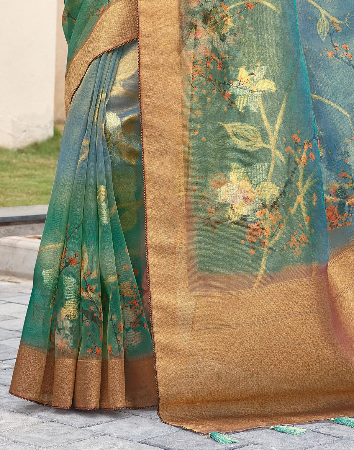 Blue Floral Digital Printed Organza Fabric Saree