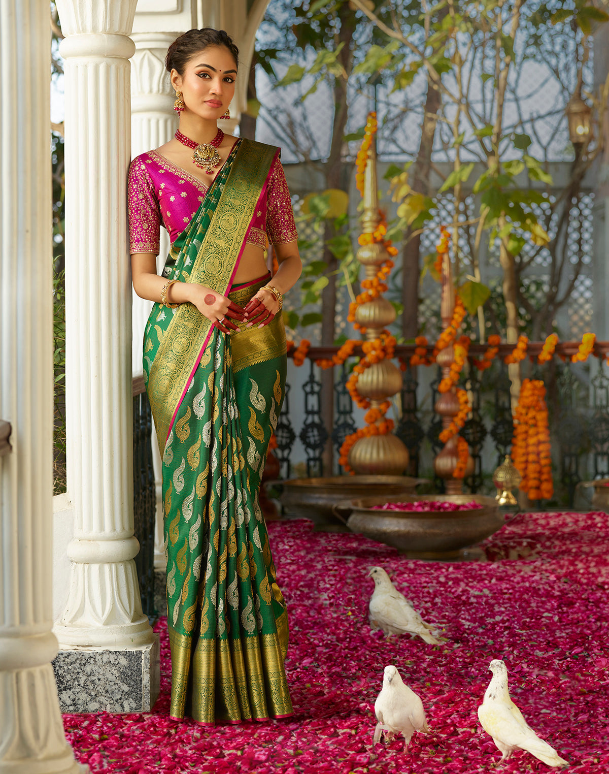 Dark Green Golden and Silver Butta Kanjivaram Pure Silk Saree