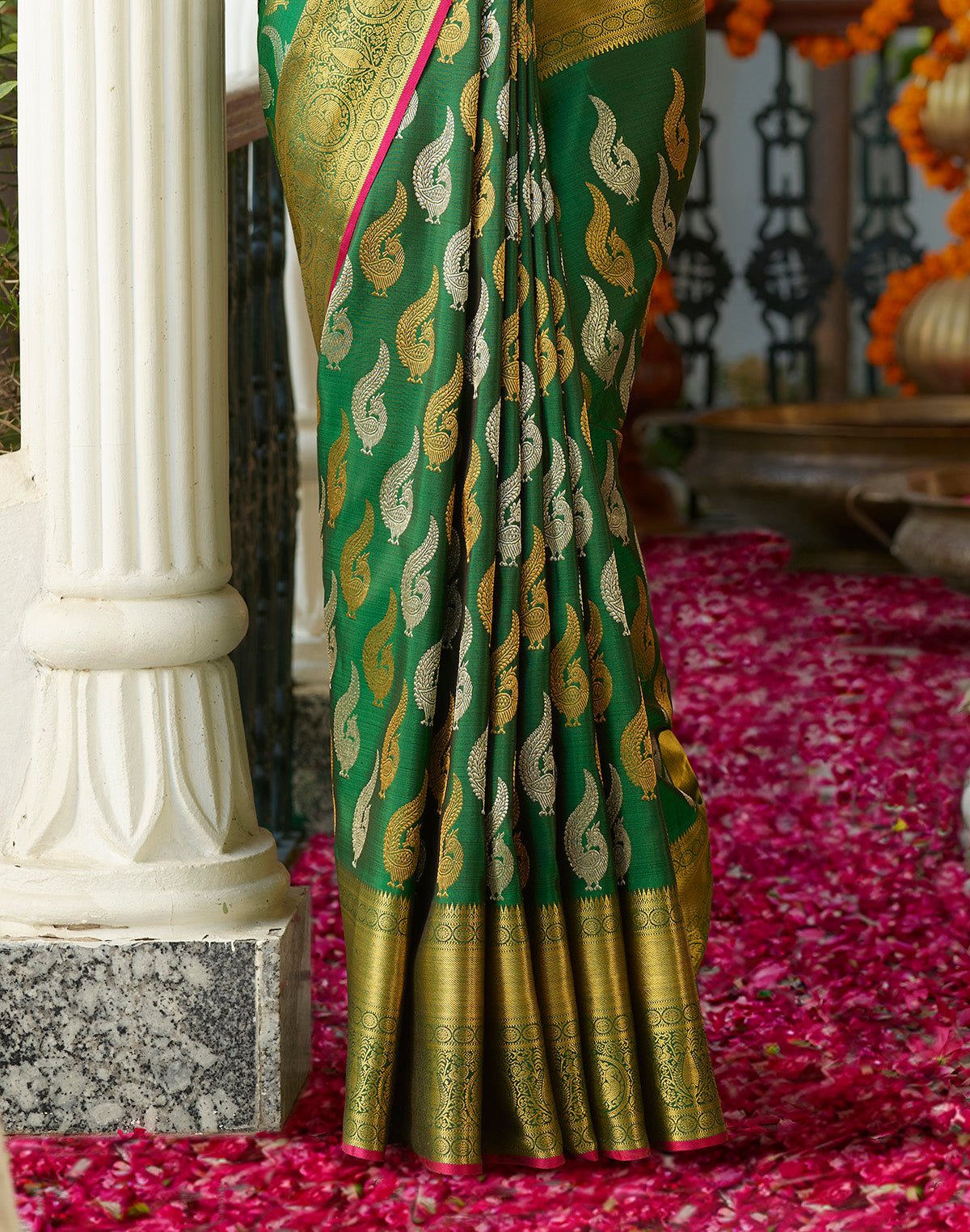 Dark Green Golden and Silver Butta Kanjivaram Pure Silk Saree