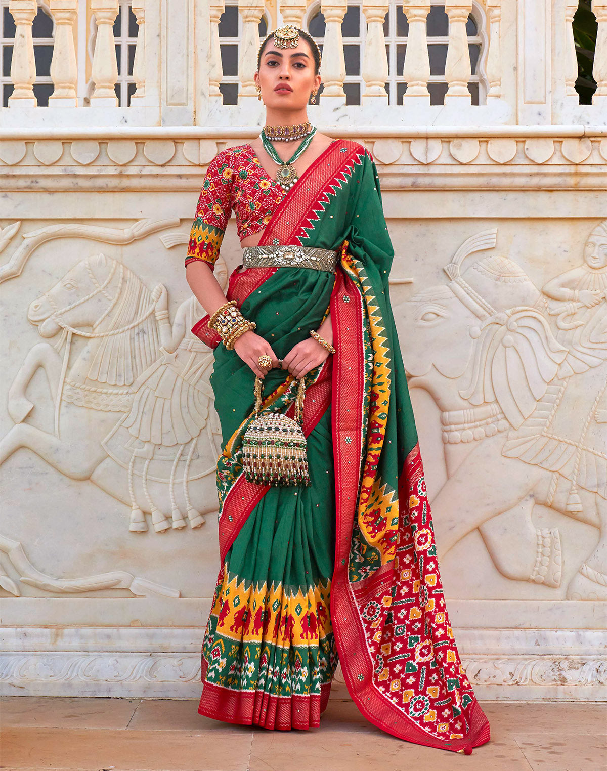 Green smooth Patola Fabric Mirror work Saree