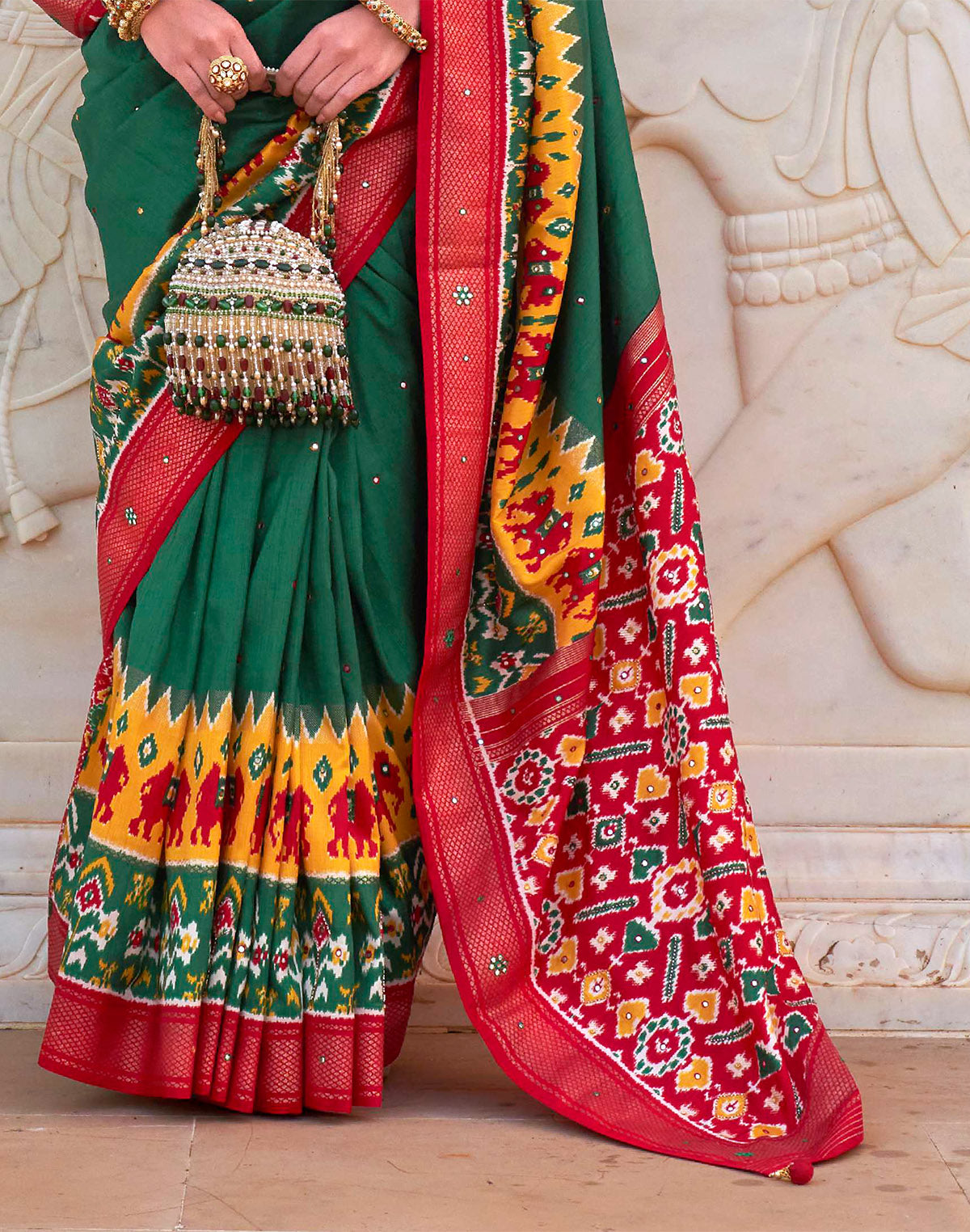 Green smooth Patola Fabric Mirror work Saree