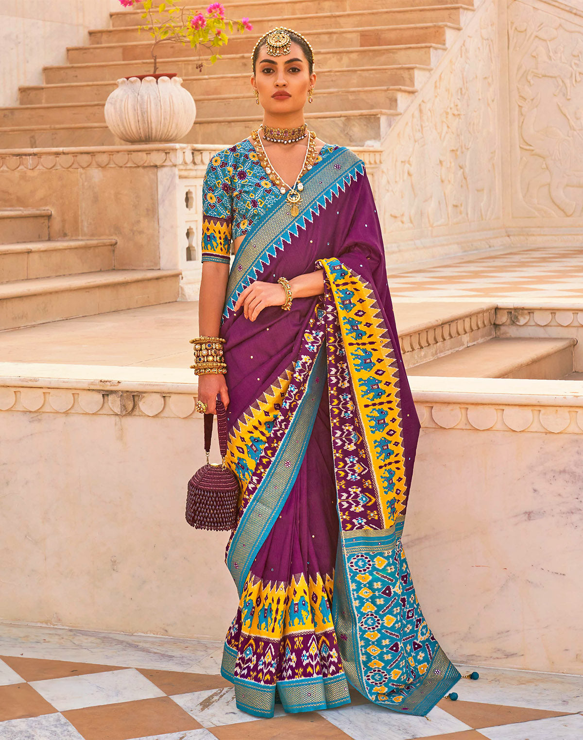 Traditional Wine Mirror work Patola Silk Saree