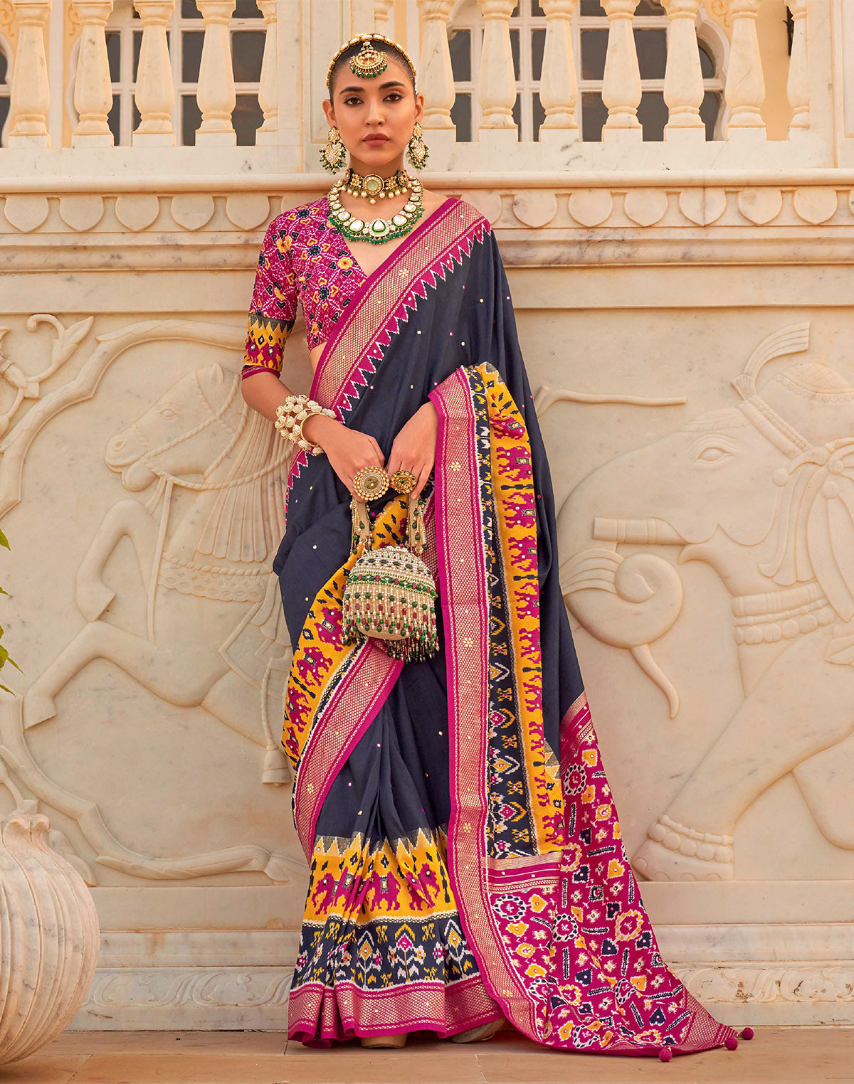 Navy Blue Style Patola Mirror work Saree