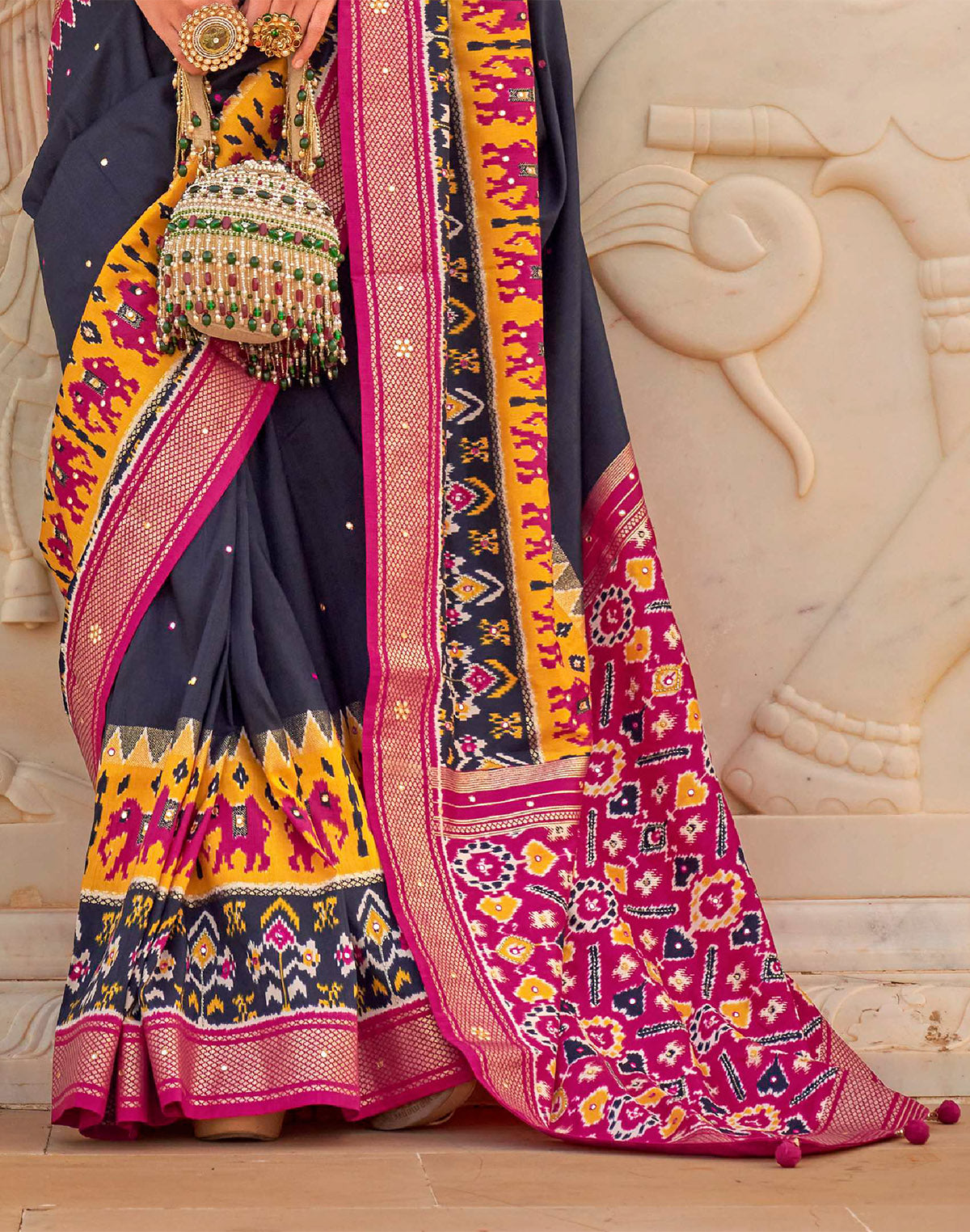 Navy Blue Style Patola Mirror work Saree