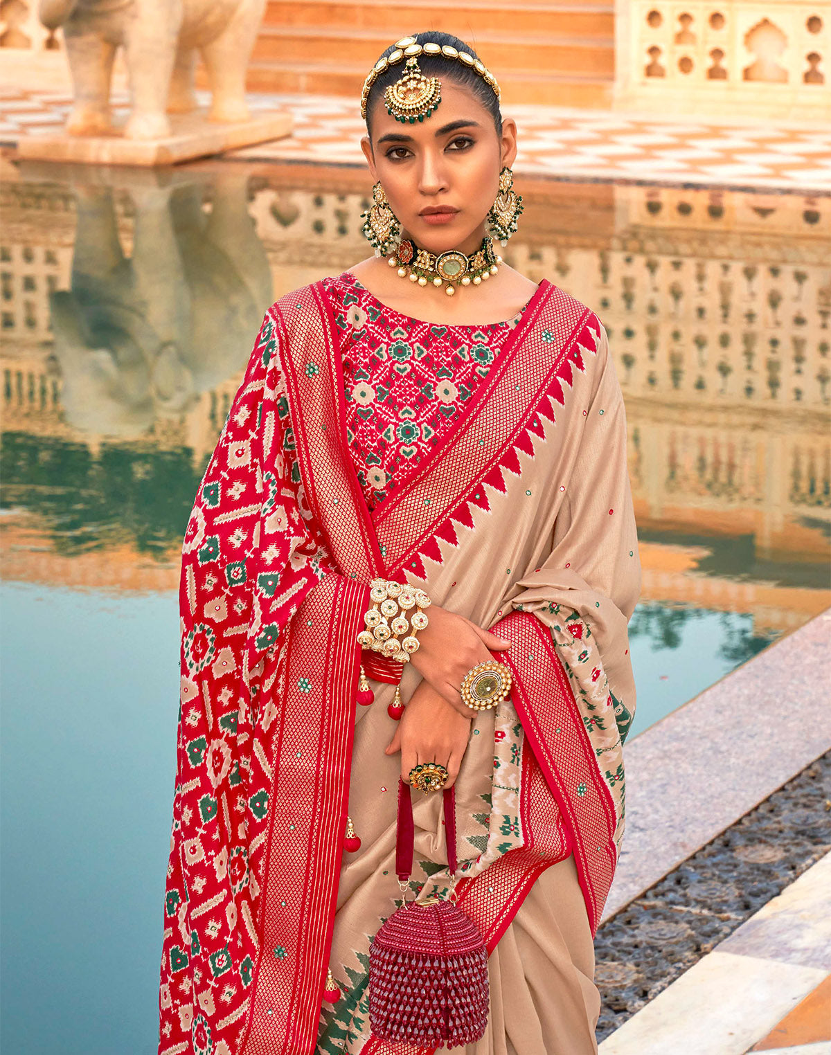 Beige Patola Silk Classic Saree with Mirror Work