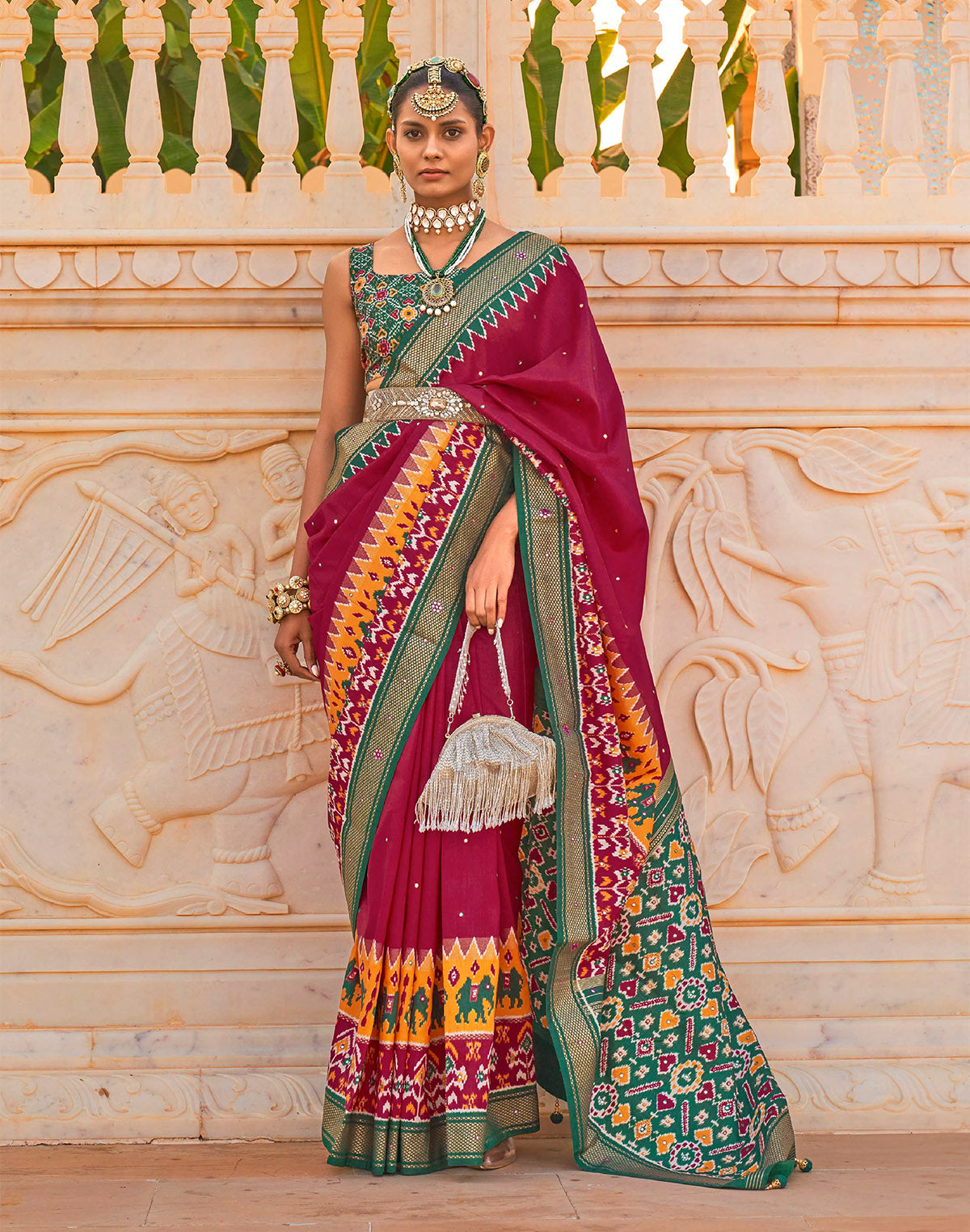 Patola Silk Mirror work Saree in Maroon