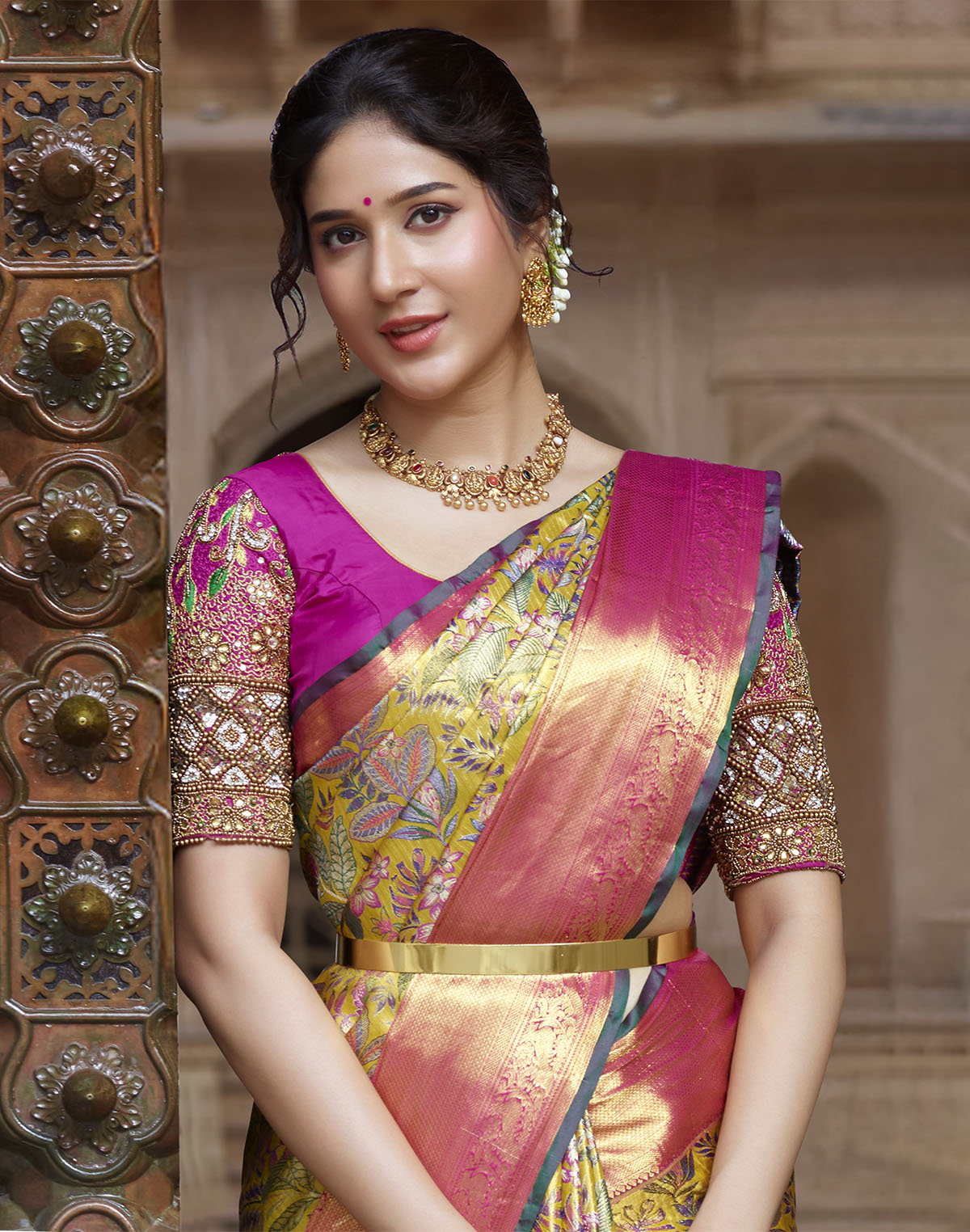 Mustard Floral Design Kanchipuram Pure Silk Contrast Border Saree