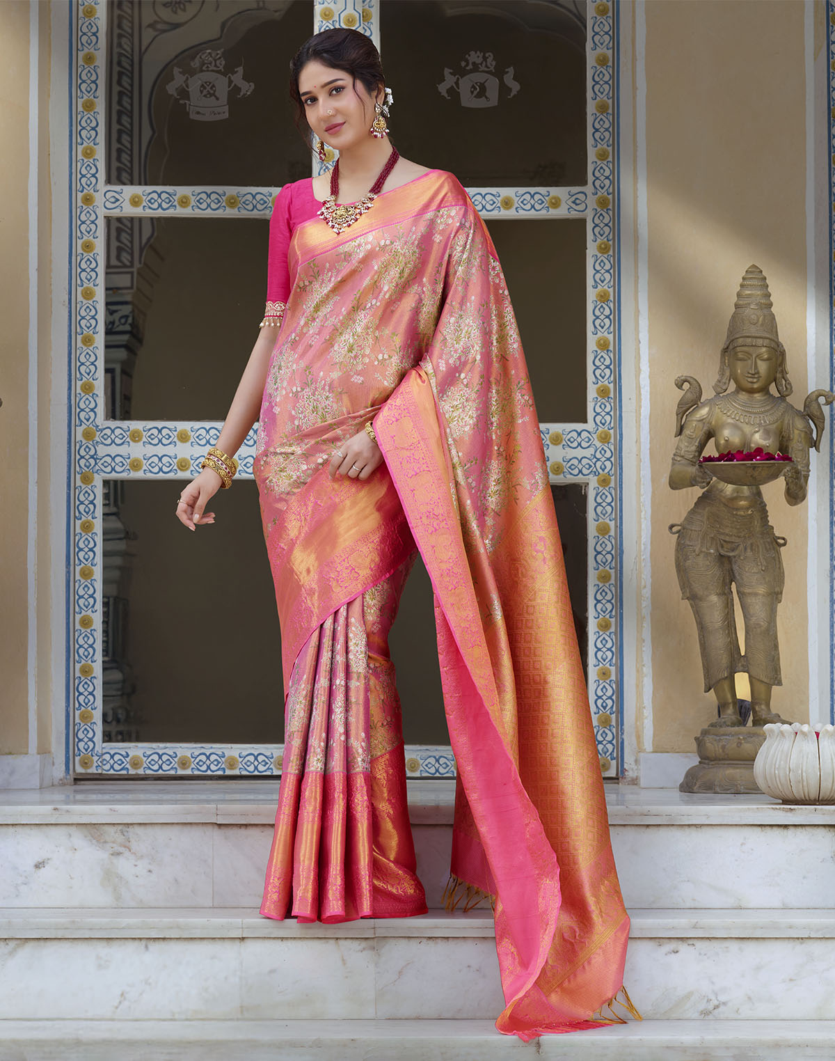 Double Shaded Peach Tissue Jaal Skut Border Saree