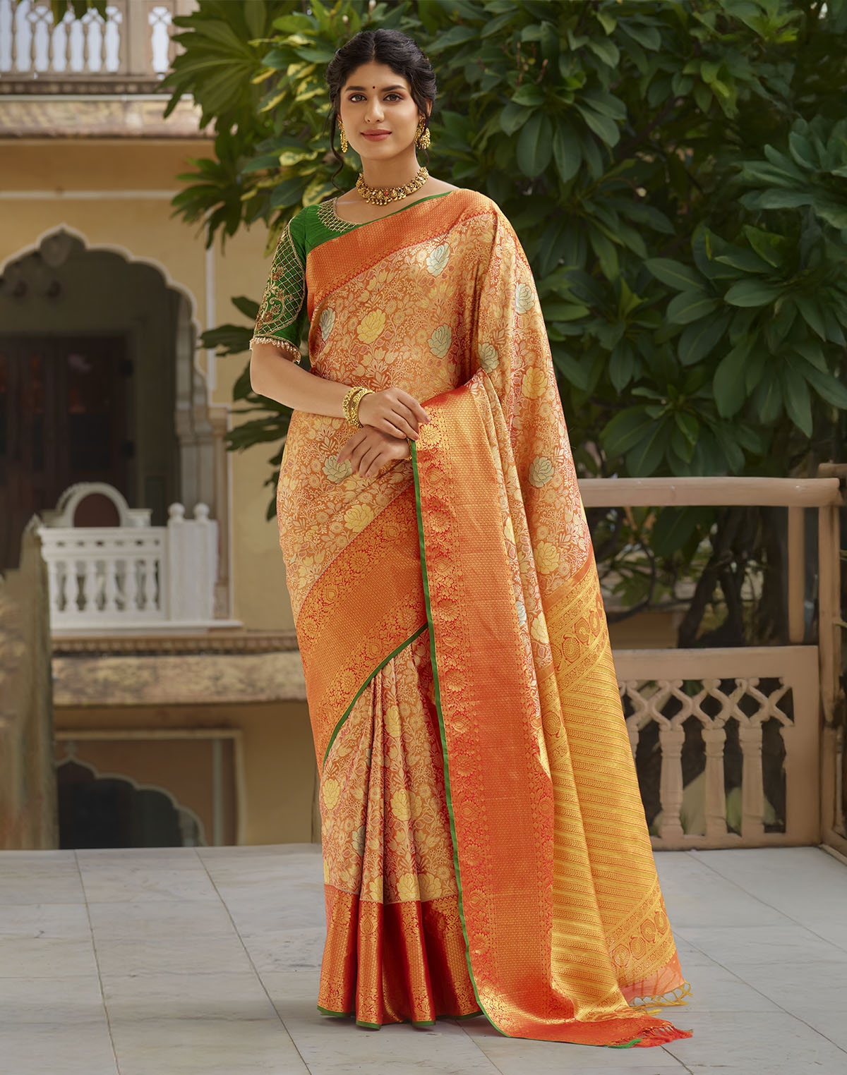 Orange and Green Floral Design Pure Silk Saree with Self Border