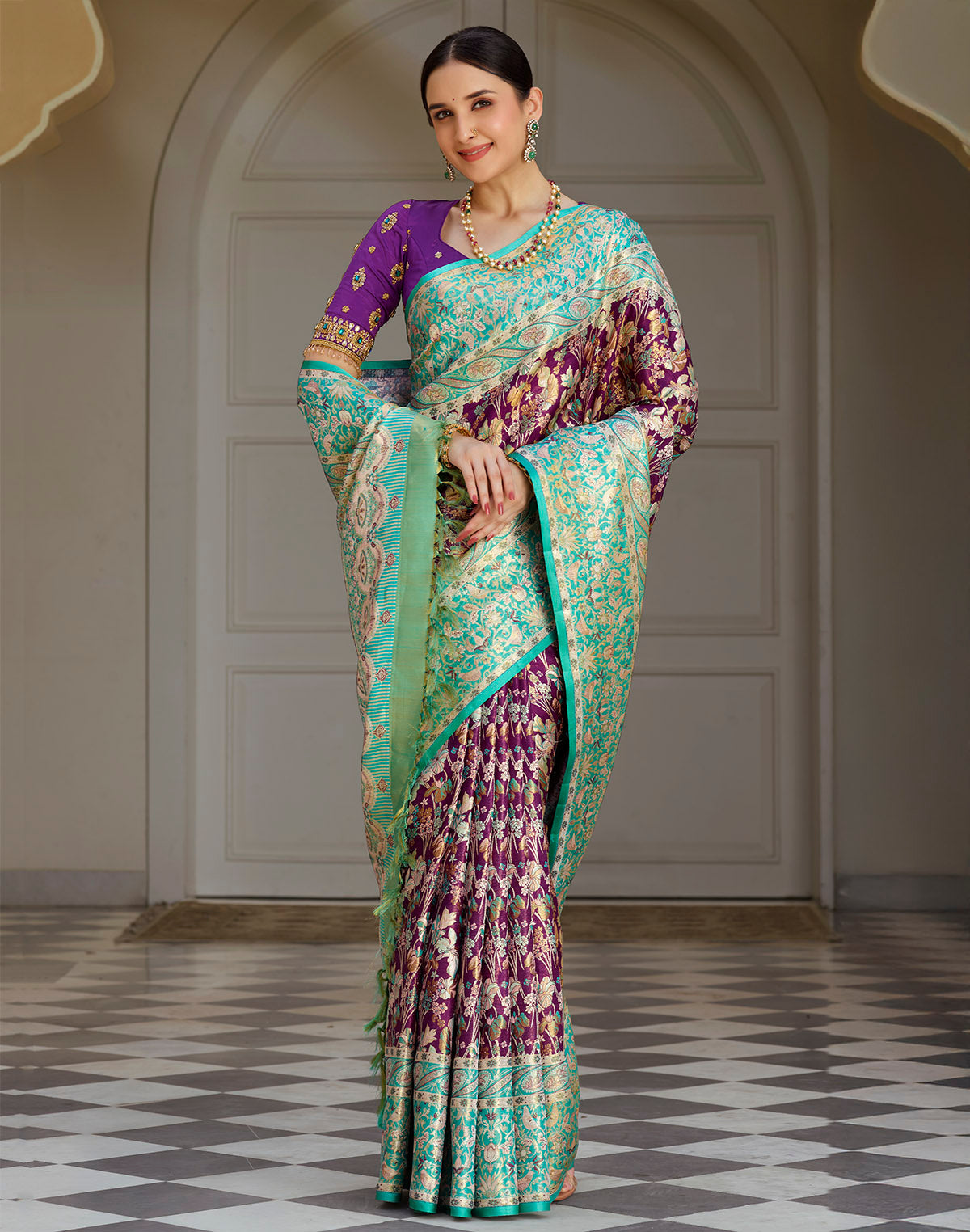 Dark Purple Floral Kanchipuram Pure Silk Saree with Elegant Contrast Border