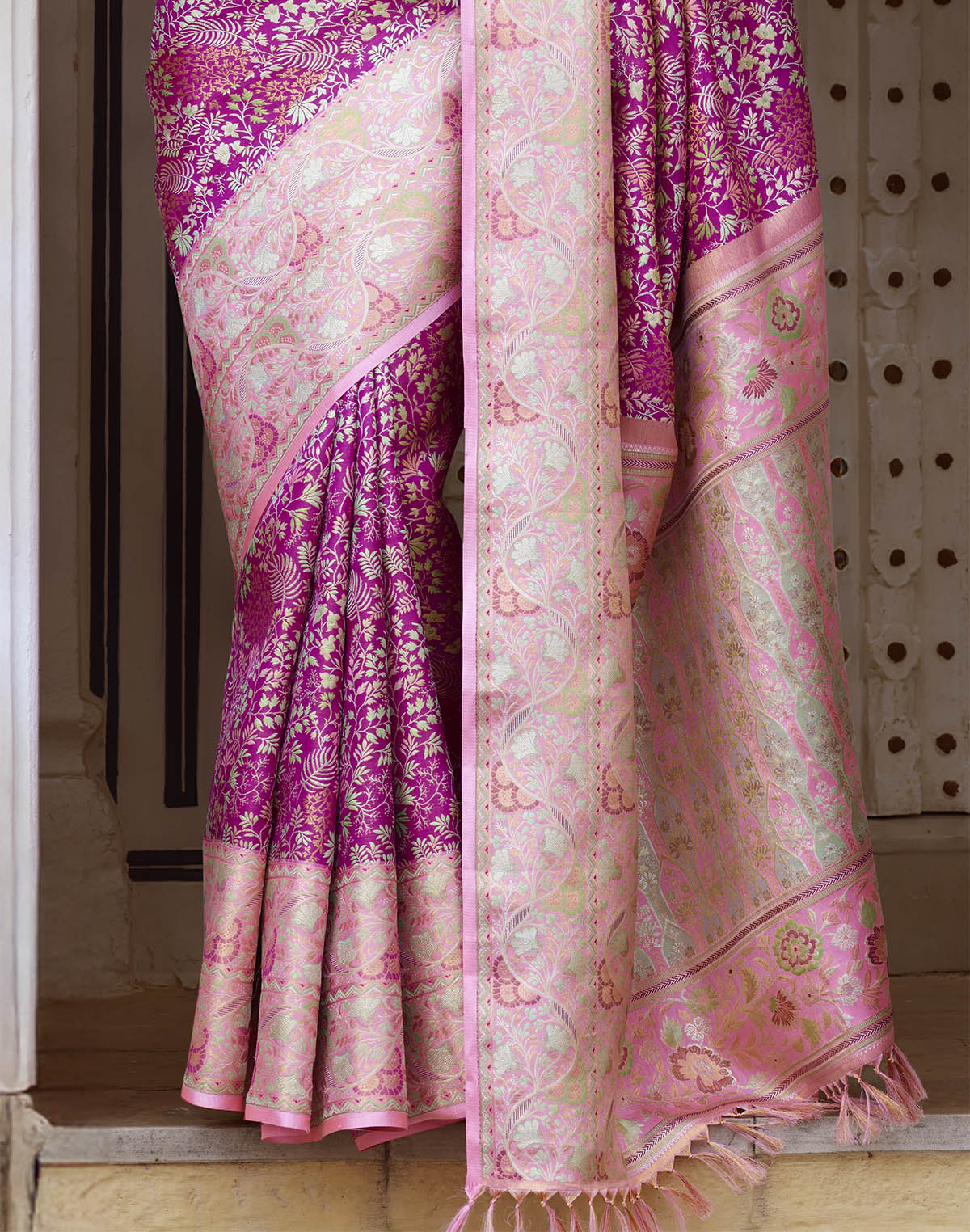 Pink all over Floral Design Pure Silk Saree with Contrast Blouse