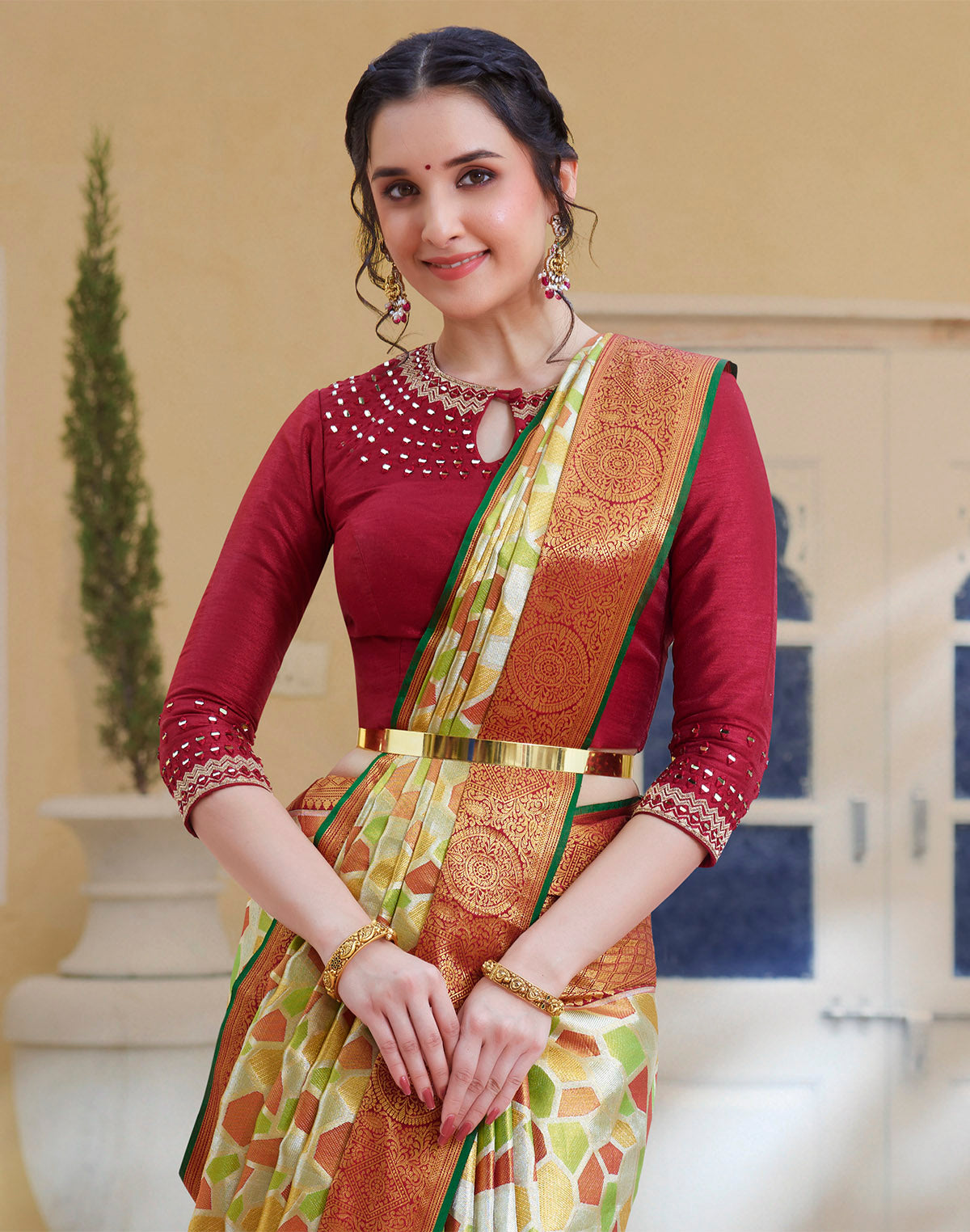 Multi Color Tissue Jaal Pure Silk Saree with Contrast Blouse