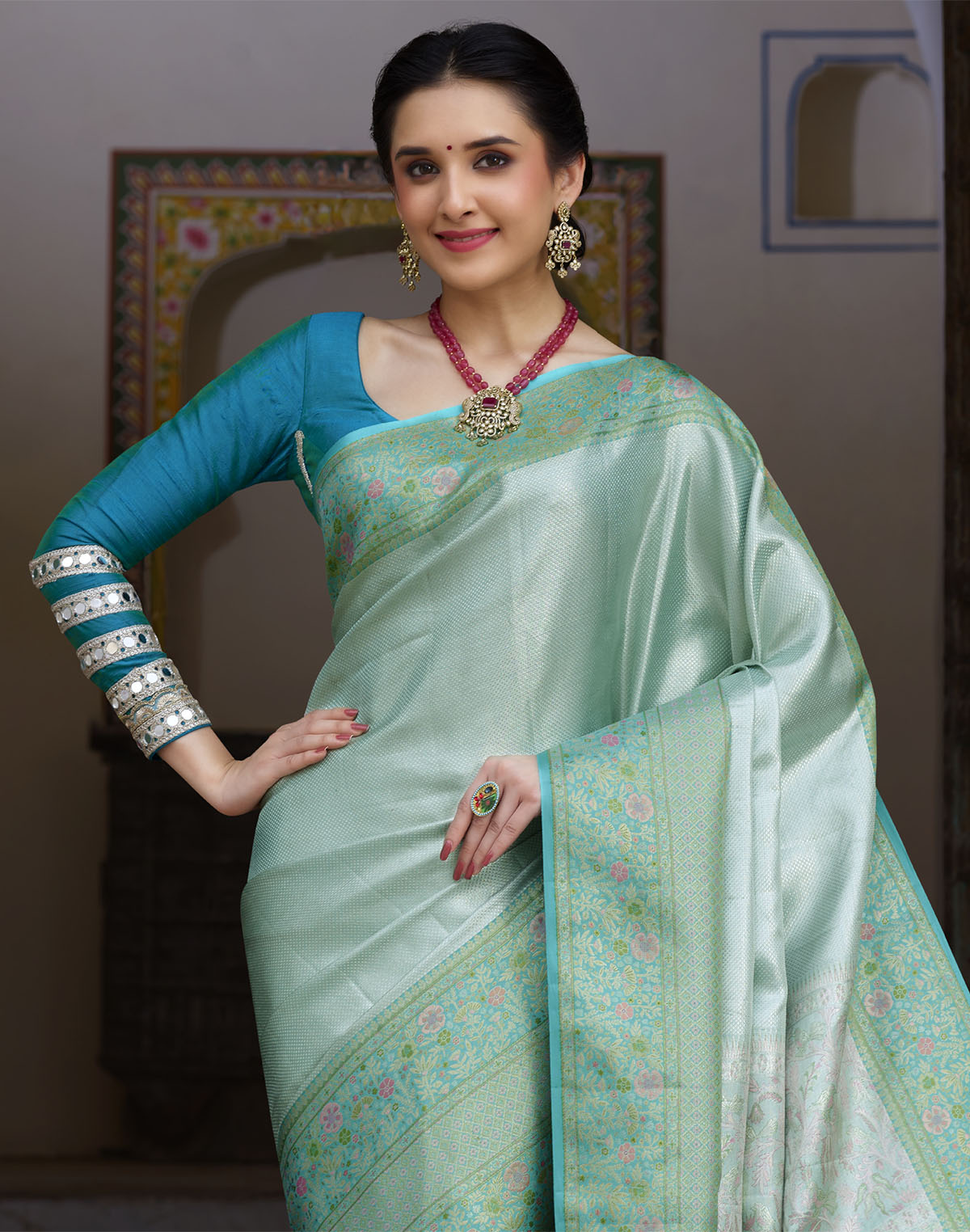 Sea Green Self Design Kanchipuram Pure Silk Saree