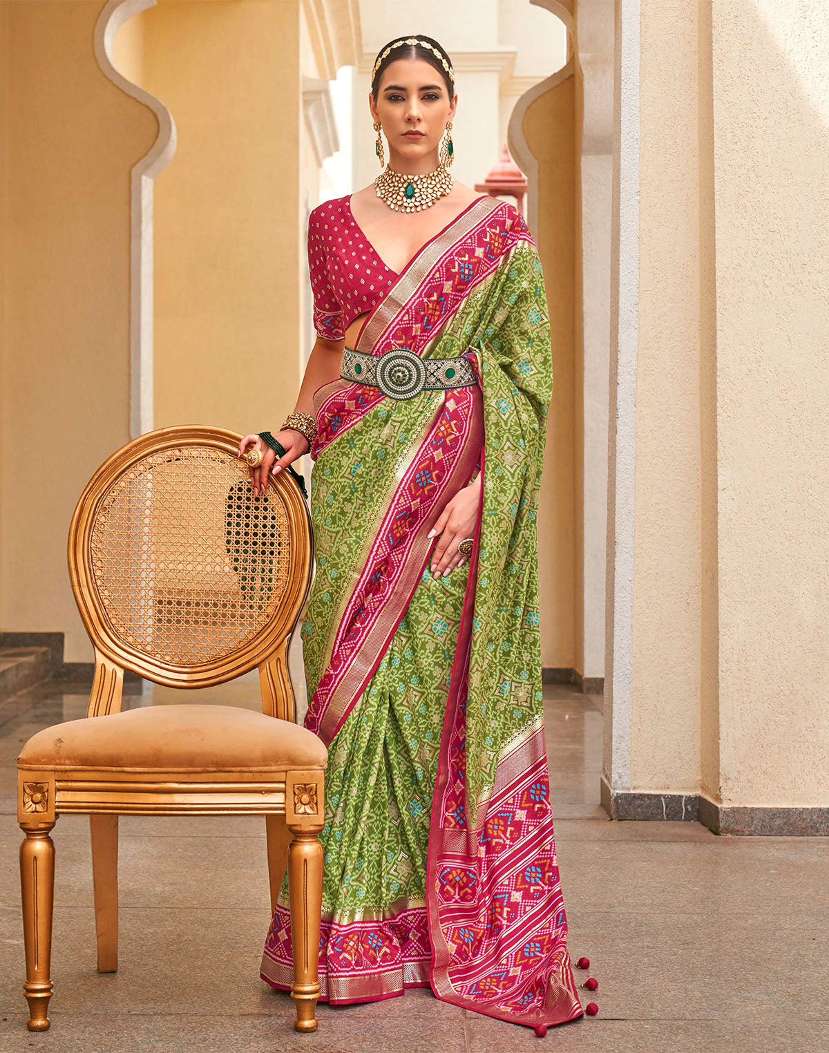 Green Patola Saree with Red Border