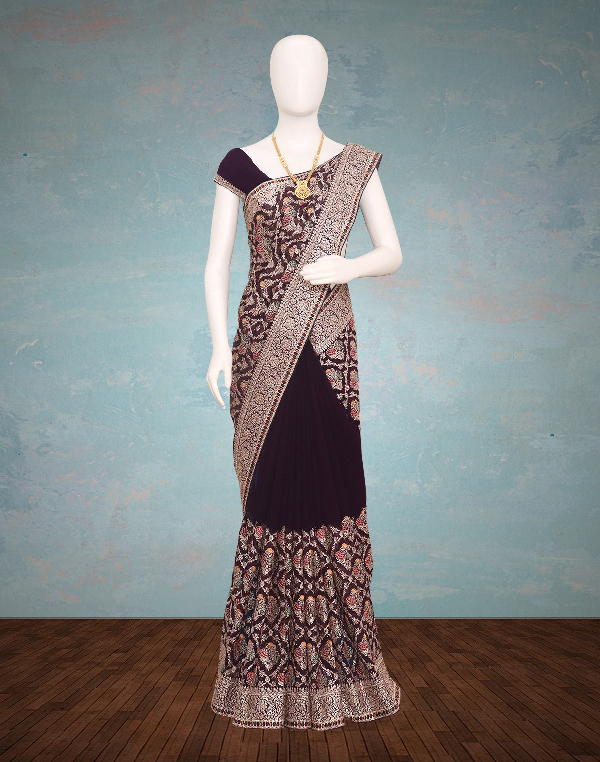 Wine Colour Embroidery with Stones work Georgette Saree