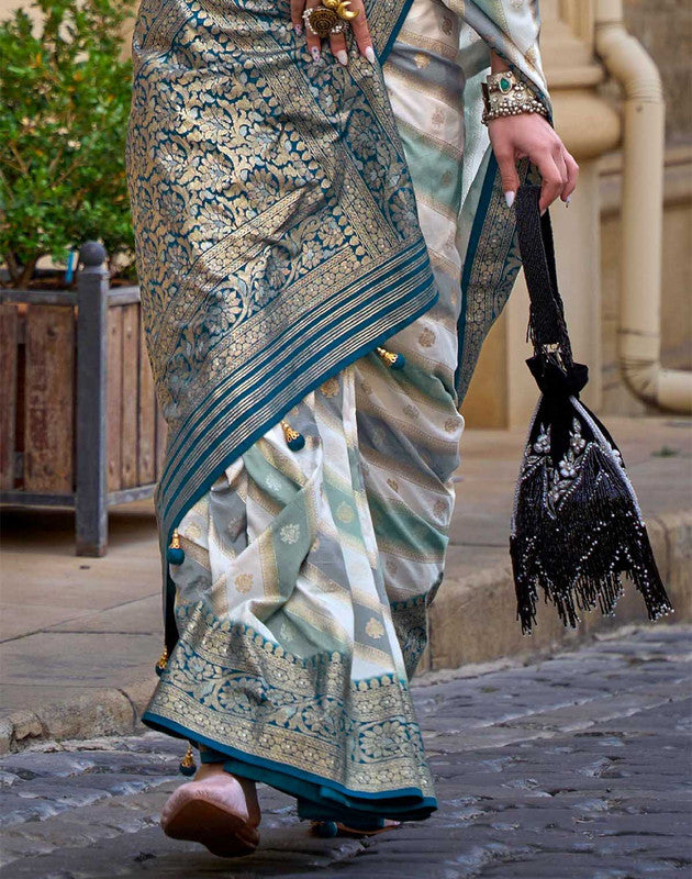 Peacock Blue elegant Banaras Border Goergette Saree