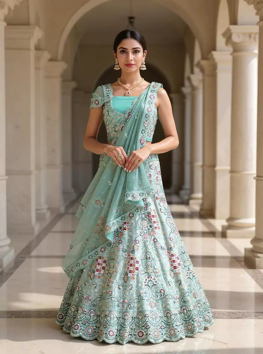 Designer Netted Heavy Zardosi and Sequins work Lehenga Set in Sea Gree