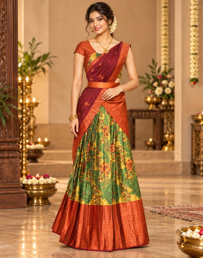 Floral Print Mustard Colour Half Saree with Belt
