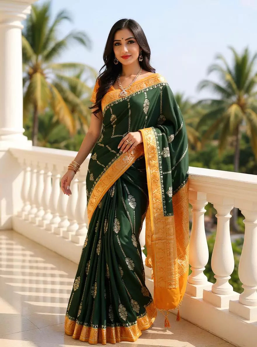 Dark Green Floral Banaras Soft Silk Saree