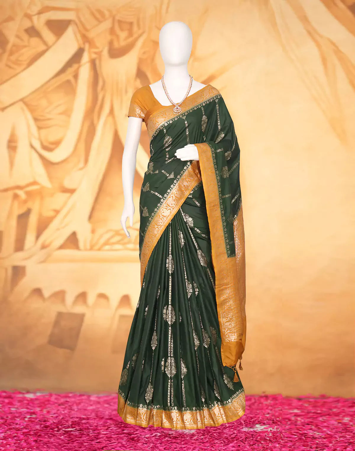 Dark Green Floral Banaras Soft Silk Saree