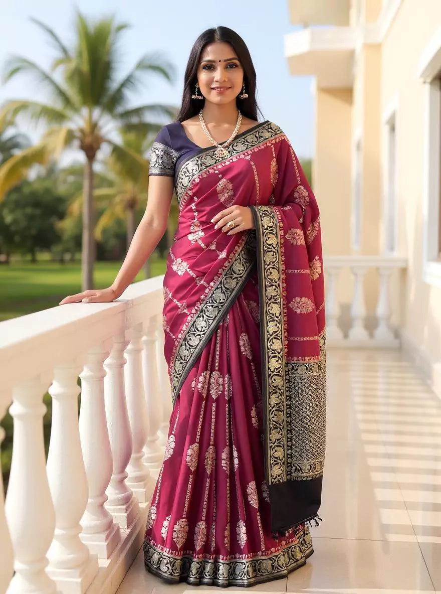 Magenta Floral Banaras Soft Silk Saree