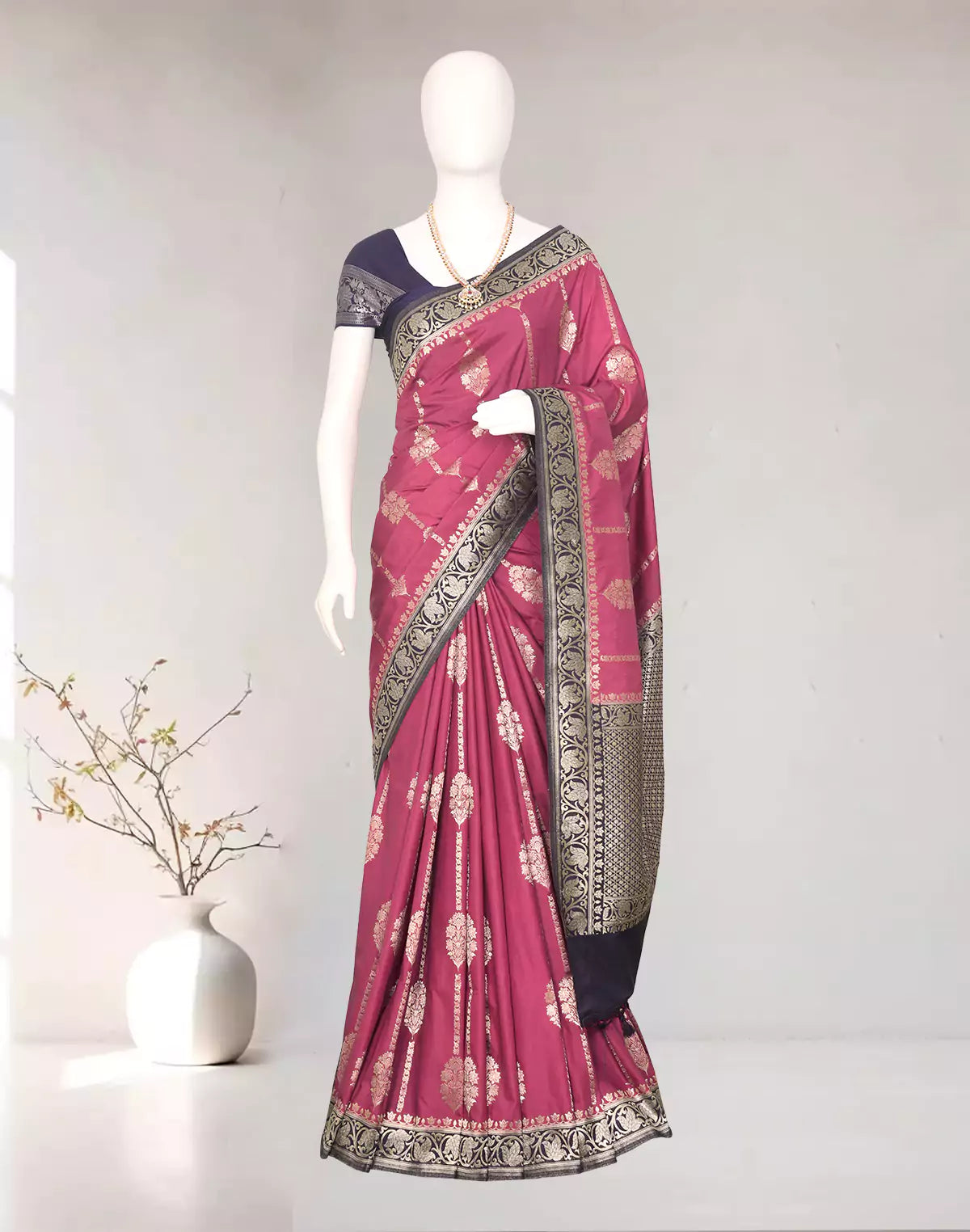 Magenta Floral Banaras Soft Silk Saree