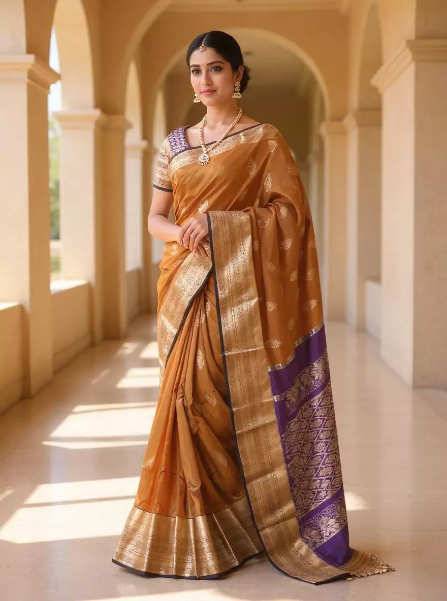 Gold and Blue Floral Zari Kanchi Soft Silk Saree