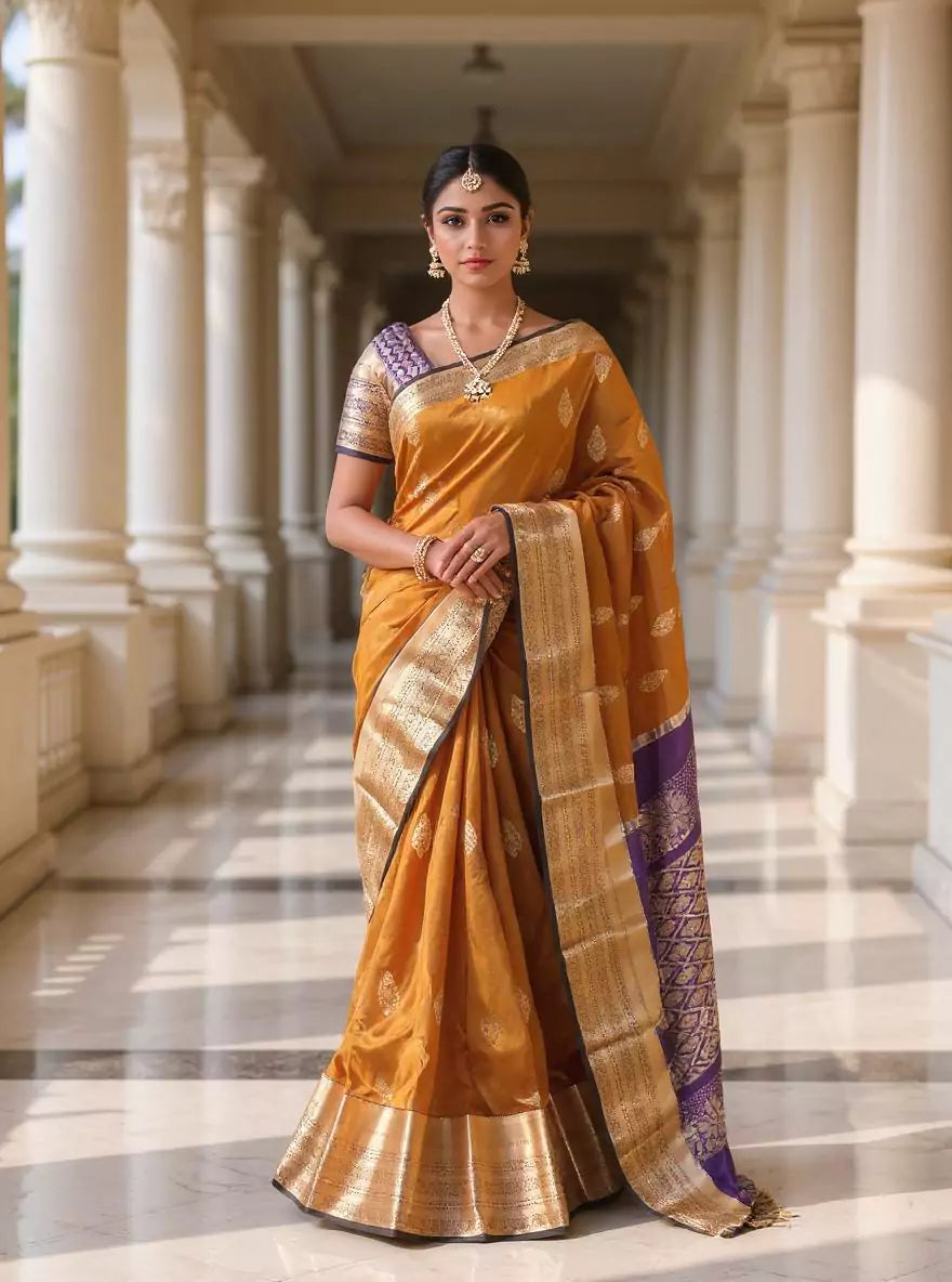 Gold and Blue Floral Zari Kanchi Soft Silk Saree