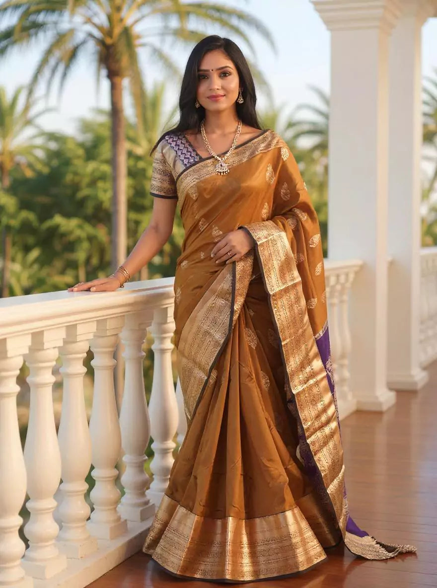 Gold and Blue Floral Zari Kanchi Soft Silk Saree