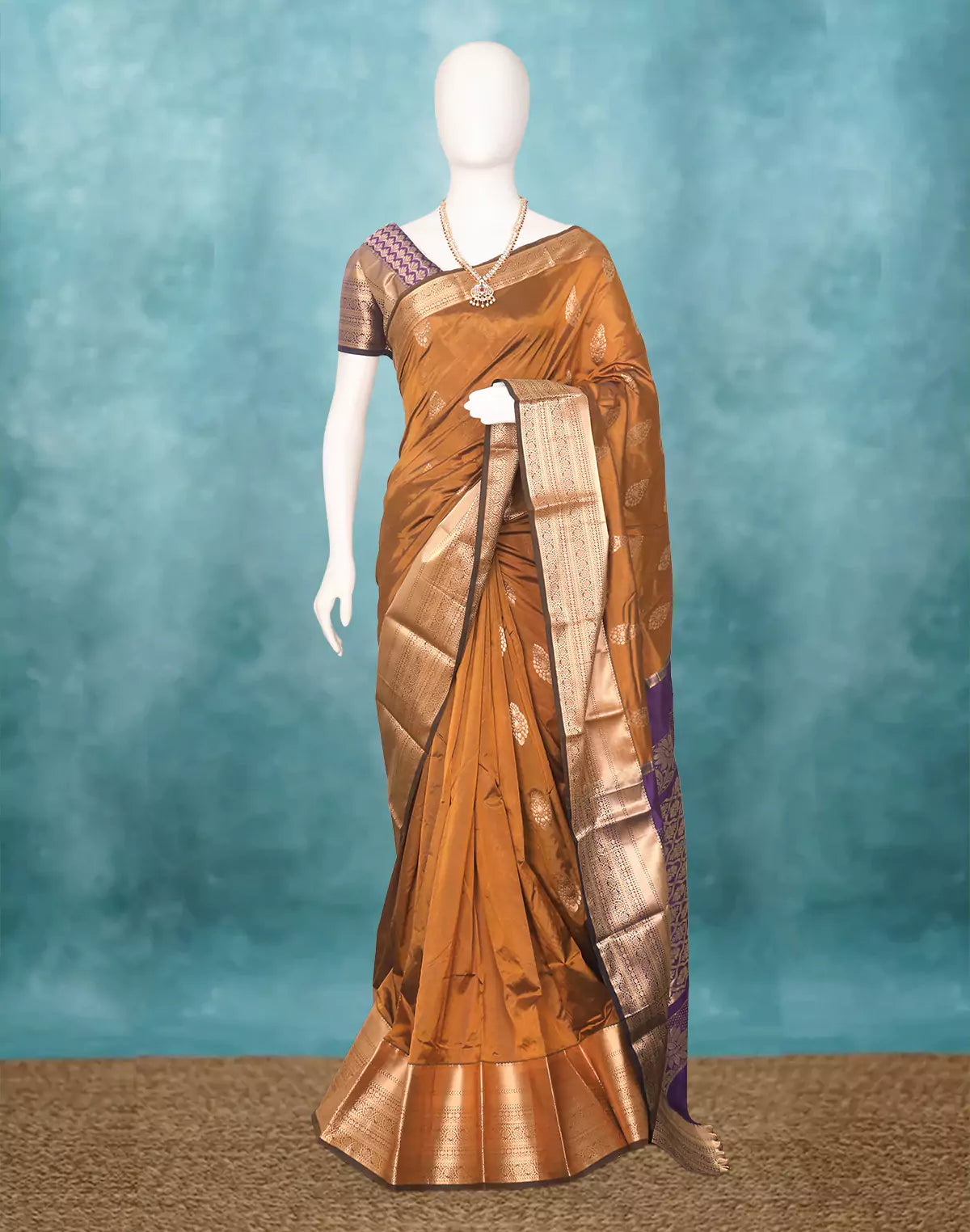 Gold and Blue Floral Zari Kanchi Soft Silk Saree