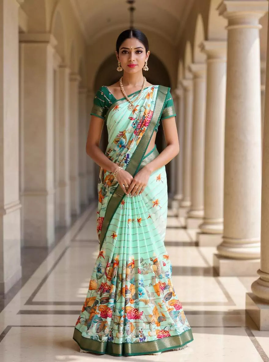Sea Green Floral Print Mangalagiri Dola Saree with Tussels