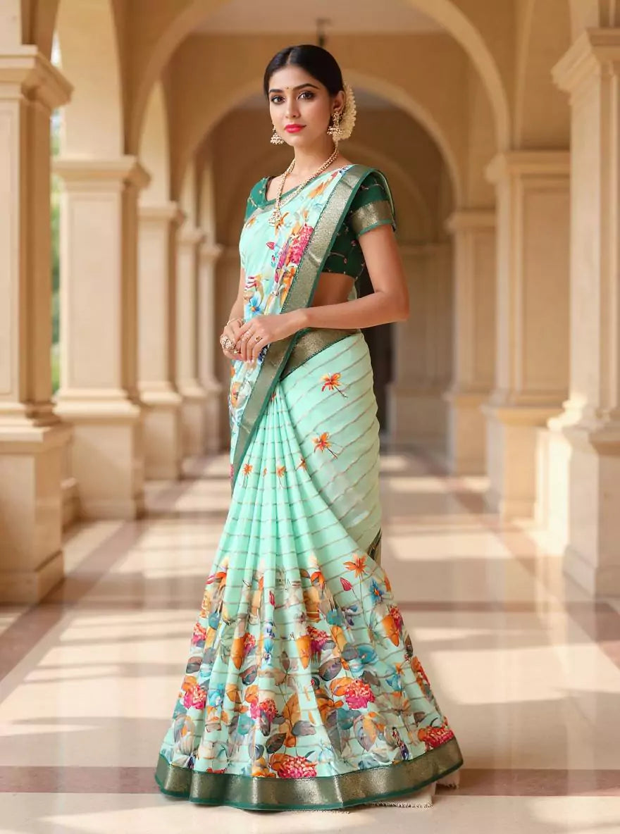 Sea Green Floral Print Mangalagiri Dola Saree with Tussels