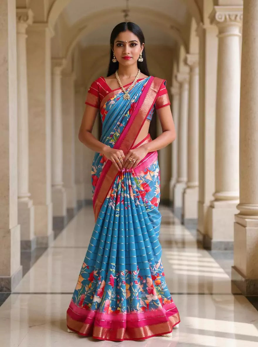 Blue Mangalagiri Dola Silk Floral Print Contrast Saree