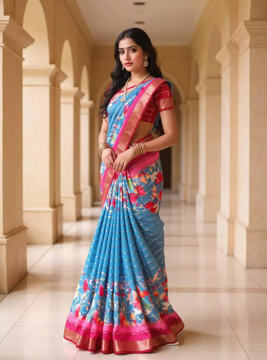 Blue Mangalagiri Dola Silk Floral Print Contrast Saree
