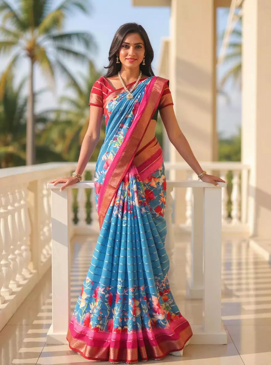 Blue Mangalagiri Dola Silk Floral Print Contrast Saree
