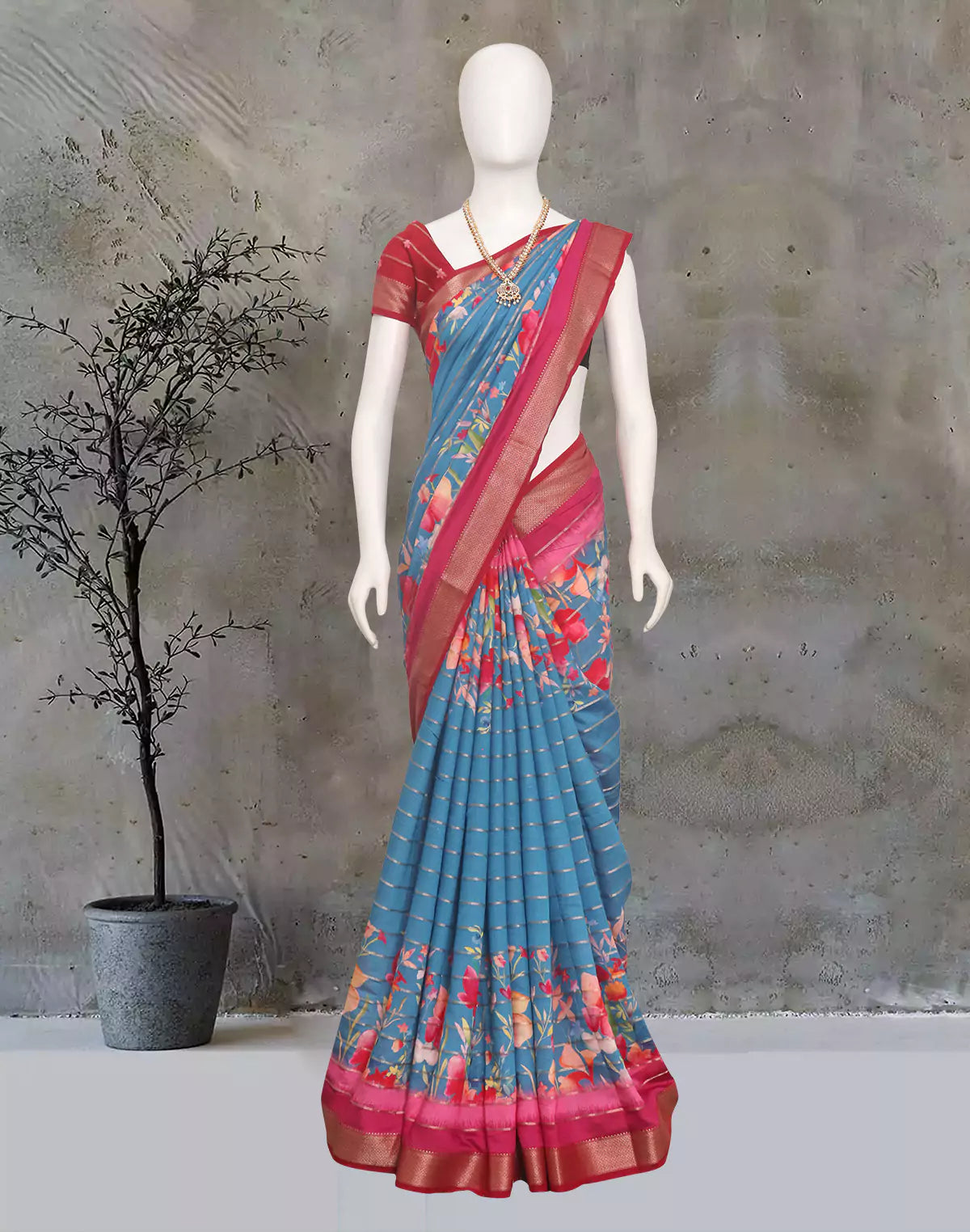 Blue Mangalagiri Dola Silk Floral Print Contrast Saree