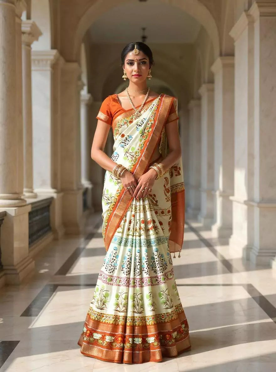 Cream Soft Dola Silk Floral Design Saree
