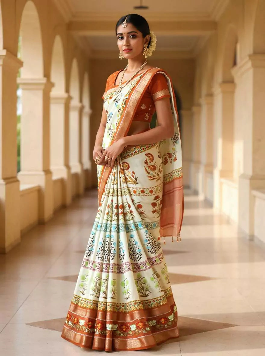 Cream Soft Dola Silk Floral Design Saree